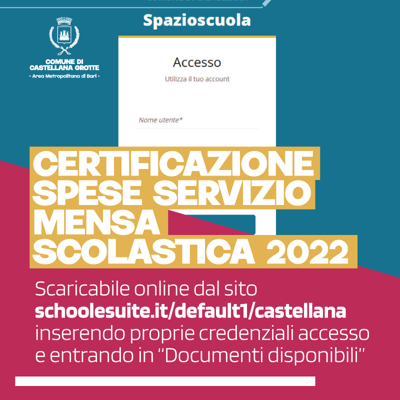 Certificazione spese 2022 mensa scolastica disponibile online